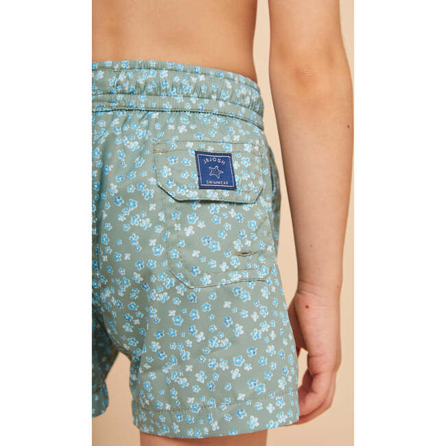 Boy's Swim Shorts, Khaki Flowers - Swim Trunks - 7