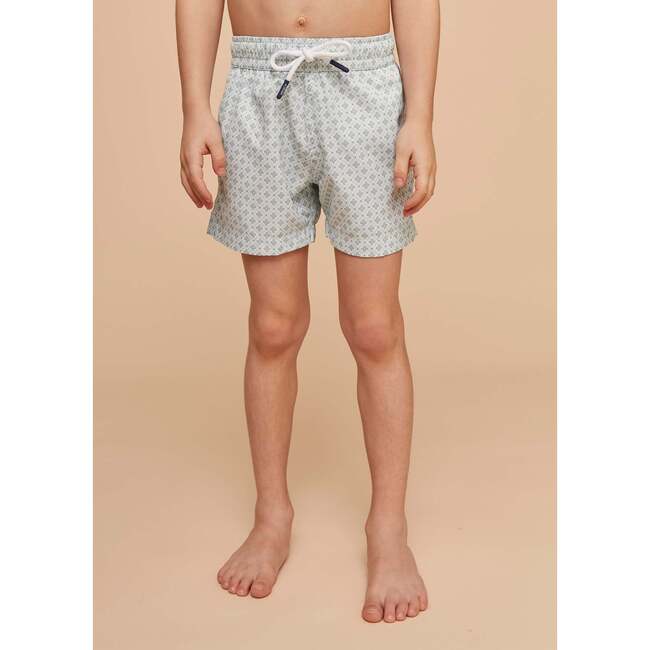 Boy's Swim Shorts, Pale Green Geo - Swim Trunks - 4