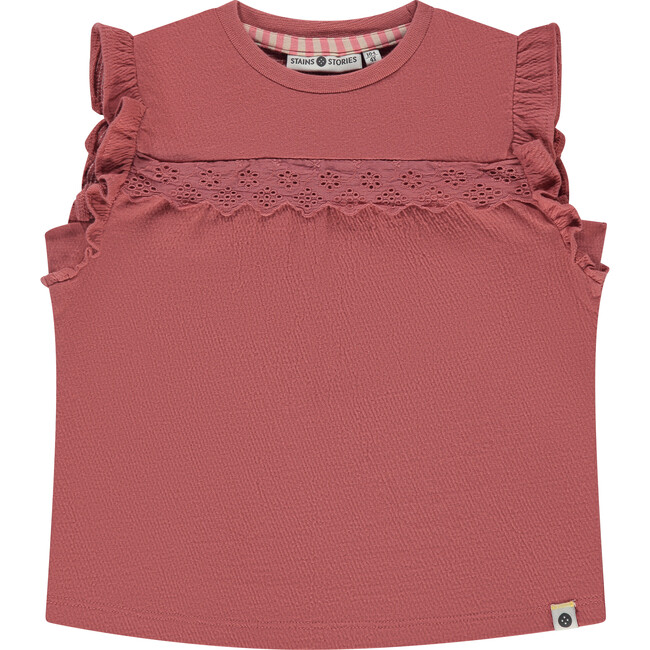 Ruffled Sleeve Eyelet Accent Top, Ruby