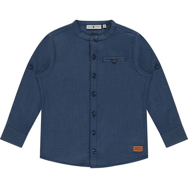 Textured Classic Mock Neck Button Up, Water