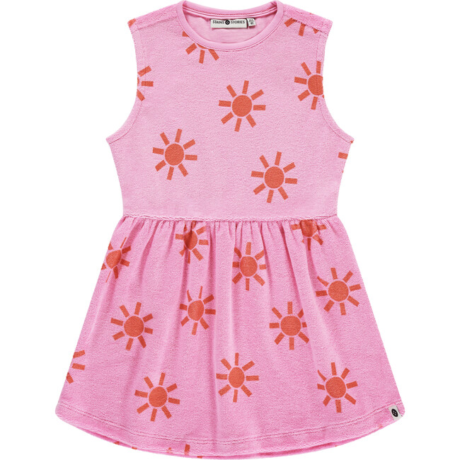 Terry Sleeveless Sun Print Dress, Neon Pink