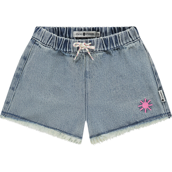 Pull On Frayed Denim Short, Light Blue Denim