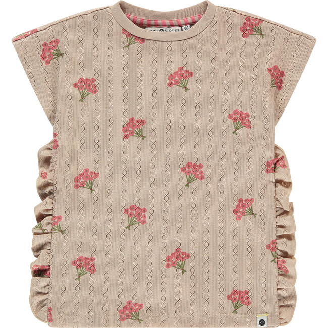 Floral Print Pointelle Top, Beige