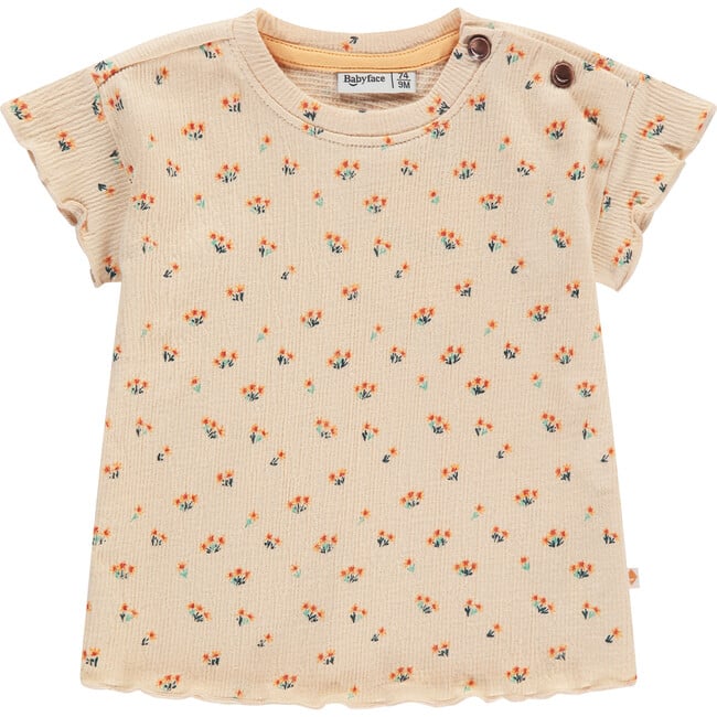 Ribbed Allover Floral Print Short Sleeve, Light Orange