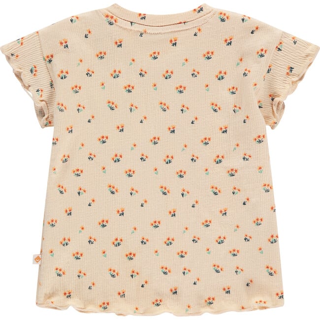 Ribbed Allover Floral Print Short Sleeve, Light Orange