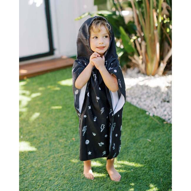 Kids Hooded Beach Poncho - Quick Dry Pool & Swim Towel, Monochrome Smiley