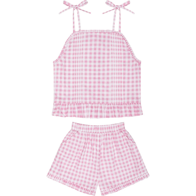 girls blush gingham tie tank and short set