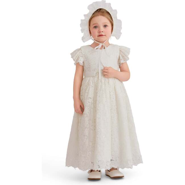 Velloria Lace Christening Dress with Bonnet, White
