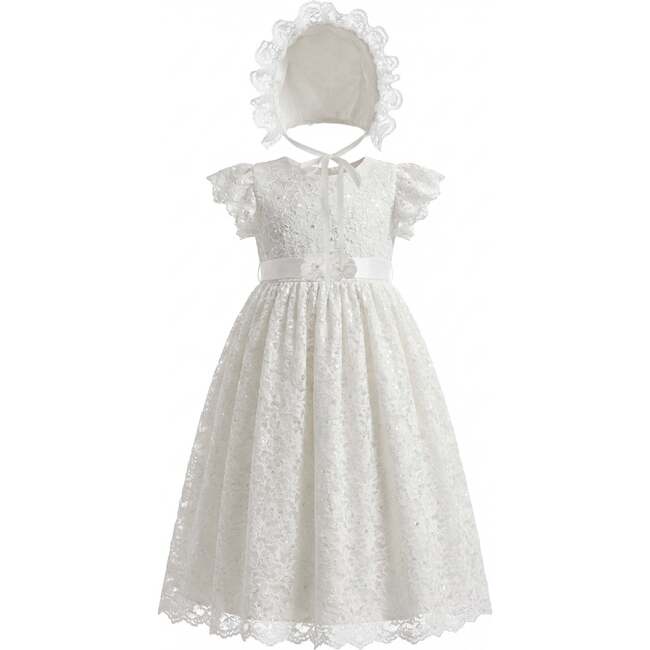 Velloria Lace Christening Dress with Bonnet, White