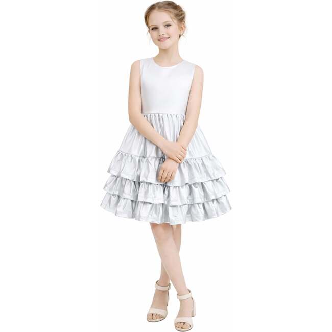 Satin Ruffle Party Dress, Silver