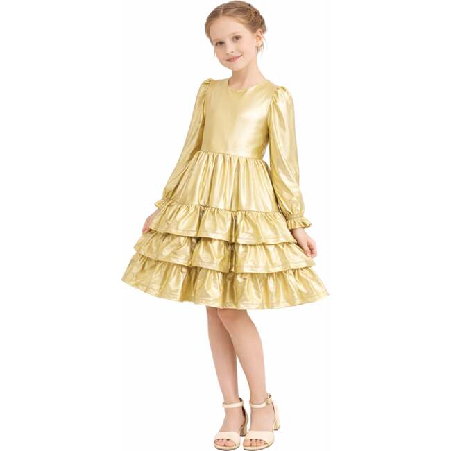 Metallic Ruffle Party Dress, Gold