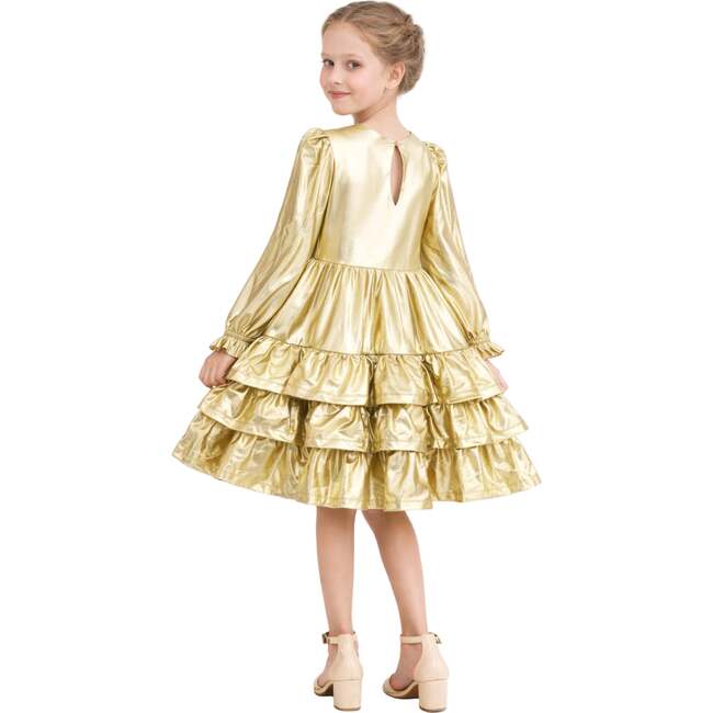Metallic Ruffle Party Dress, Gold - Dresses - 4