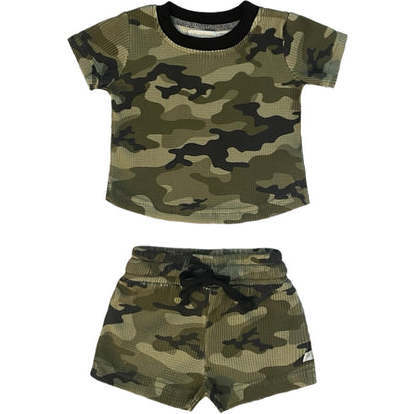 Boys Camo Camouflage Waffle Short Set, Green