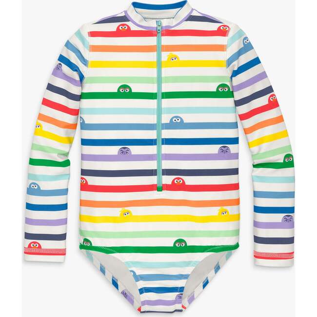 Kids Sesame Street One-Piece Rash Guard, White Rainbow Sesame Street Stripes