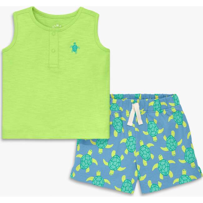 Baby Tank And Shorts Set In Sea Turtles, Lime Sea Turtles