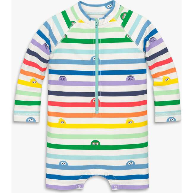 Baby Sesame Street One-Piece Rash Guard, White Rainbow Sesame Street Stripes