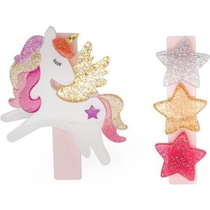 Unicorn Winged Coral Stars Glitter Hair Clips