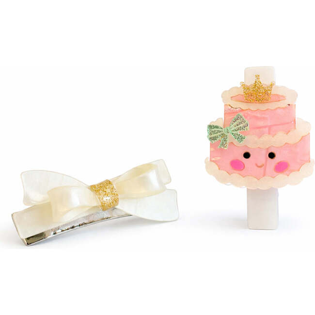 Party Cake & Satin White Bow Hair Clips