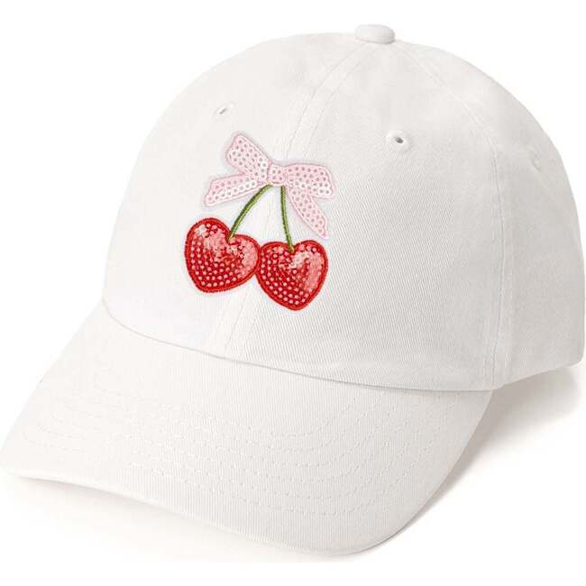 Cherry Sequin Patch Baseball Hat, White