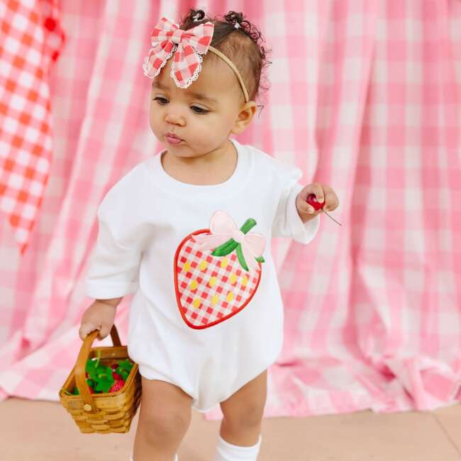 Strawberry Patchwork Short Sleeve Romper, White - Rompers - 3