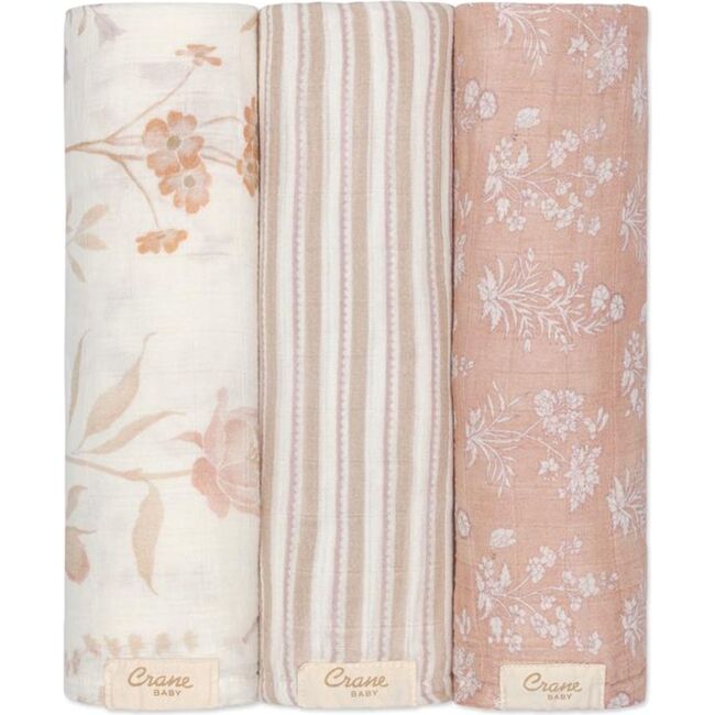 Violet Floral 100% Cotton Muslin Swaddle Blankets (Set of 3), Beige