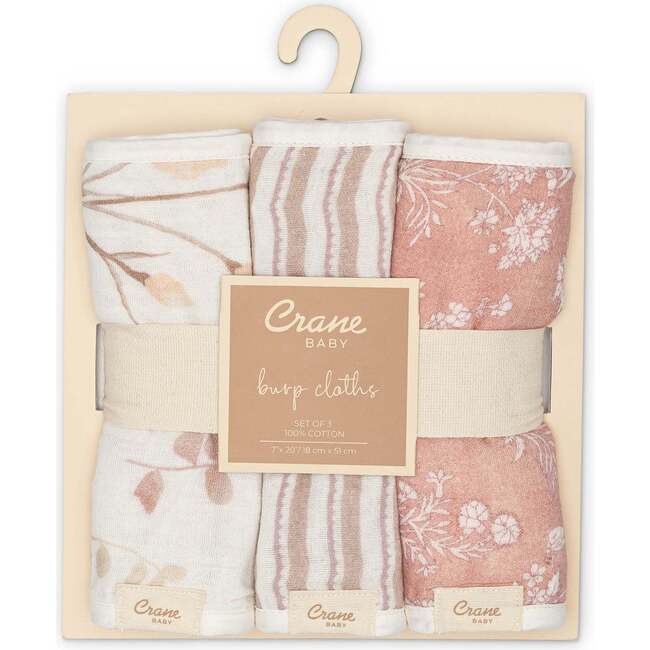 Violet Floral Cotton Muslin Baby Burp Cloth Set (3 Pack), Pink - Towels - 6