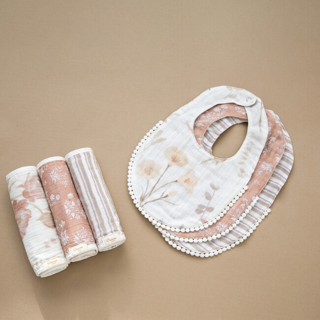 Violet Floral Cotton Baby Bib Set (3 Pack), Pink - Bibs - 6