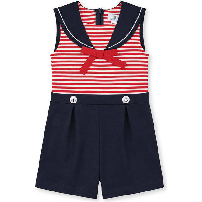 Stripe Knit Shorts Romper With Sailor Collar
