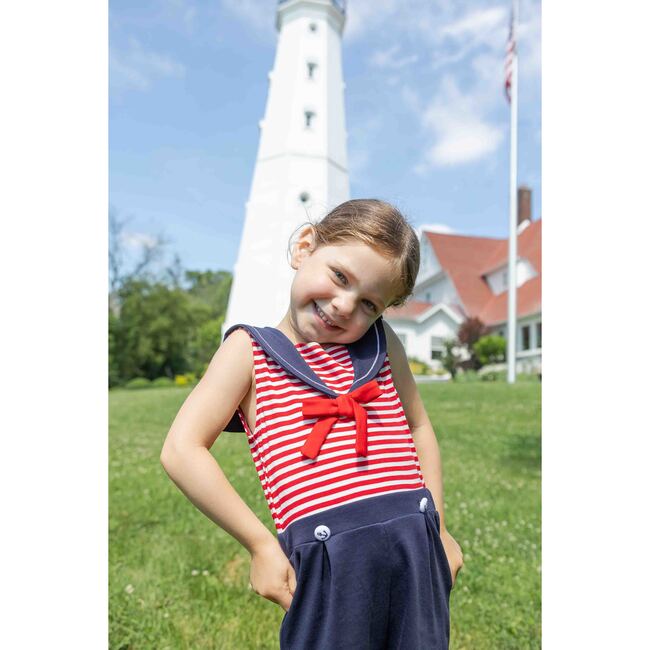 Stripe Knit Shorts Romper With Sailor Collar