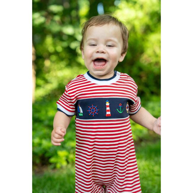 Stripe Knit Shortall With Nautical Applique - Rompers - 4
