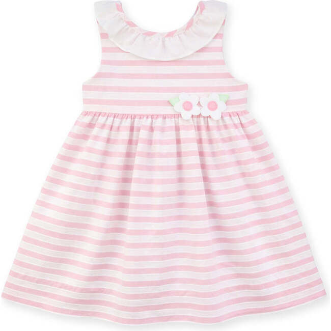 Pink Stripe Dress with Flower and Ruffle Neck