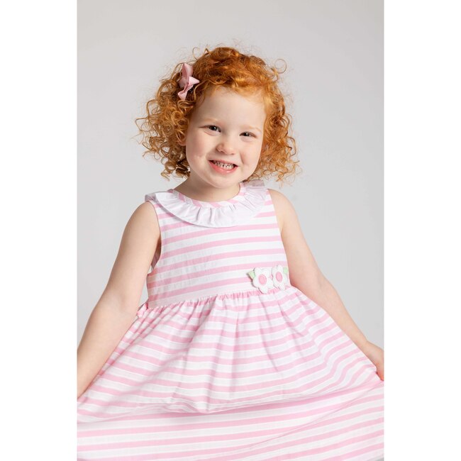 Pink Stripe Dress with Flower and Ruffle Neck