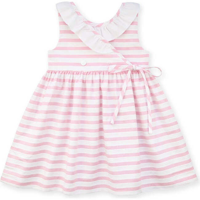 Pink Stripe Dress with Flower and Ruffle Neck - Dresses - 5