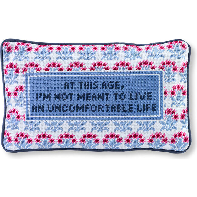 Uncomfortable Needlepoint Pillow, Navy Blue, White, Pink, Red