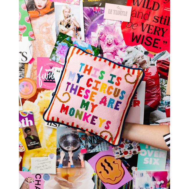 My Circus Needlepoint Pillow, Pink, Dark blue