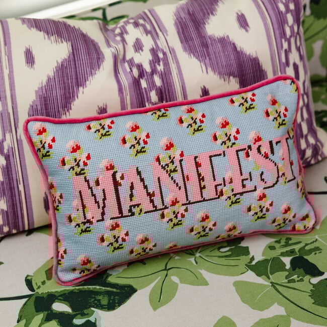 Manifest Needlepoint Pillow, Light Blue, Pink - Decorative Pillows - 2