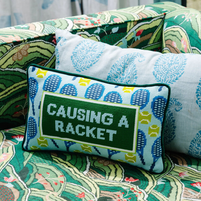 Causing A Racket Needlepoint Pillow, Green, Blue, Yellow Green