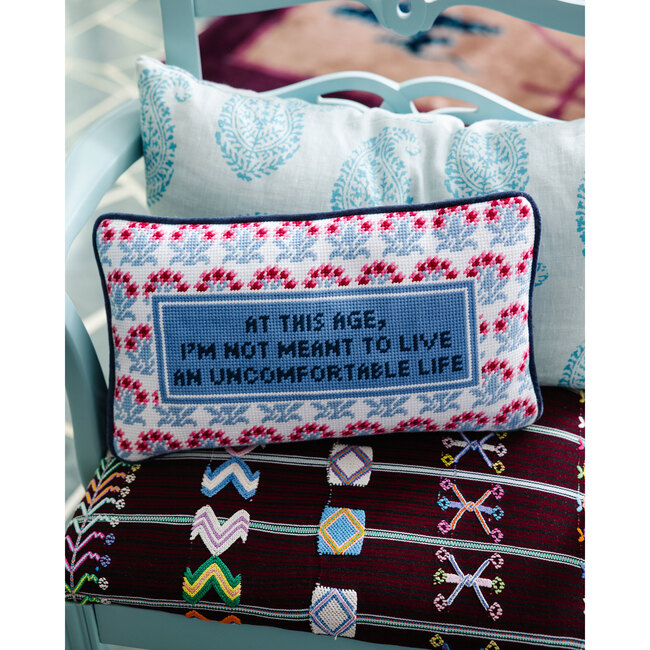 Uncomfortable Needlepoint Pillow, Navy Blue, White, Pink, Red - Decorative Pillows - 4