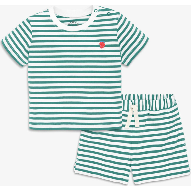 Baby Stripe Embroidered Set, Sunwashed Teal White Stripe