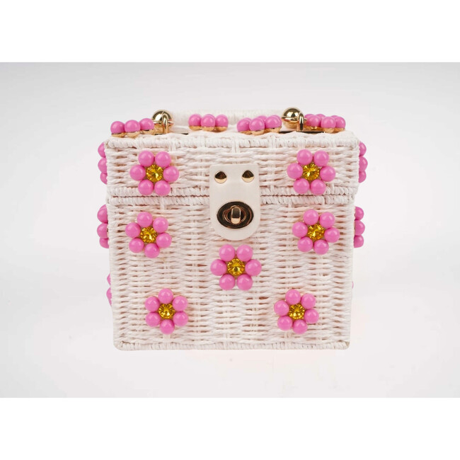By Jenna Lee Beaded White Straw Daisy Bag, Pink Paradise