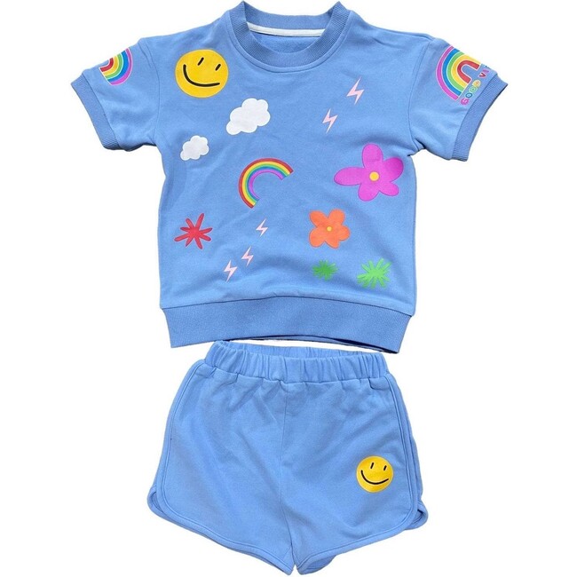 Happy Daisy Print 2-Piece Tee & Short Set, Blue