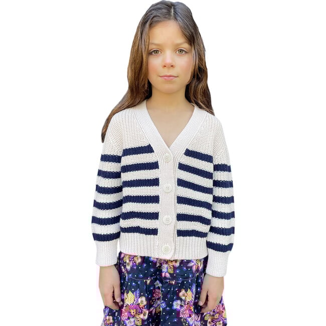 Kids Isla Stripes Blouson Sleeve Crop Cardigan, Ivory & Navy