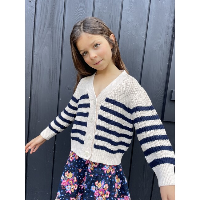 Kids Isla Stripes Blouson Sleeve Crop Cardigan, Ivory & Navy