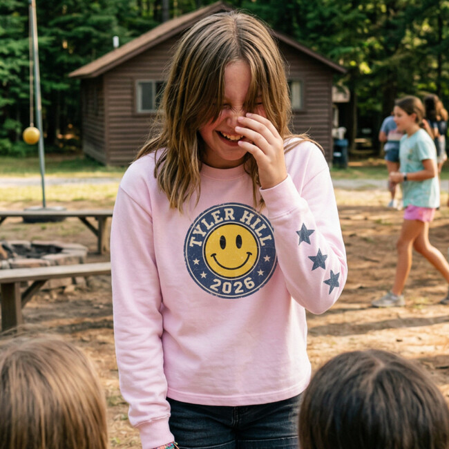 CAMP Custom LS Crewneck T-shirt with Yellow Smiley Face, Pink