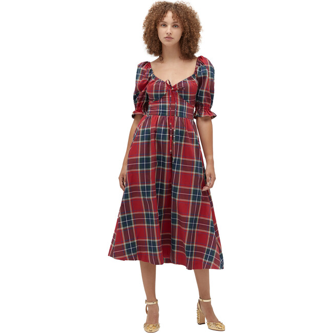 Women's The Ophelia Tartan Diamond Neck Short Puff Sleeve Dress, Red - Dresses - 2
