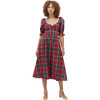 Women's The Ophelia Tartan Diamond Neck Short Puff Sleeve Dress, Red - Dresses - 2