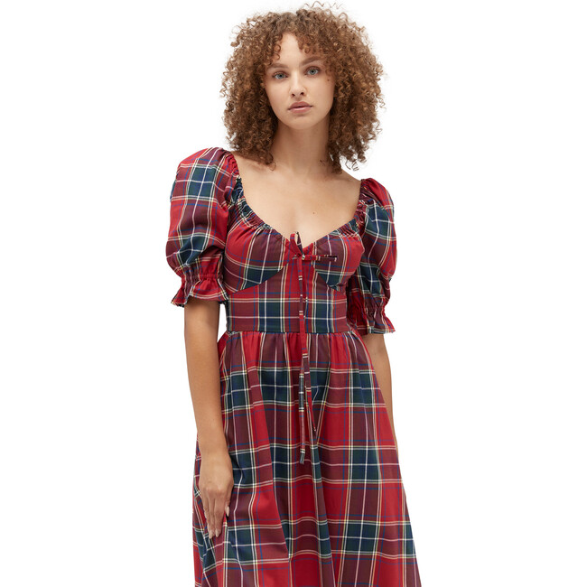 Women's The Ophelia Tartan Diamond Neck Short Puff Sleeve Dress, Red - Dresses - 5