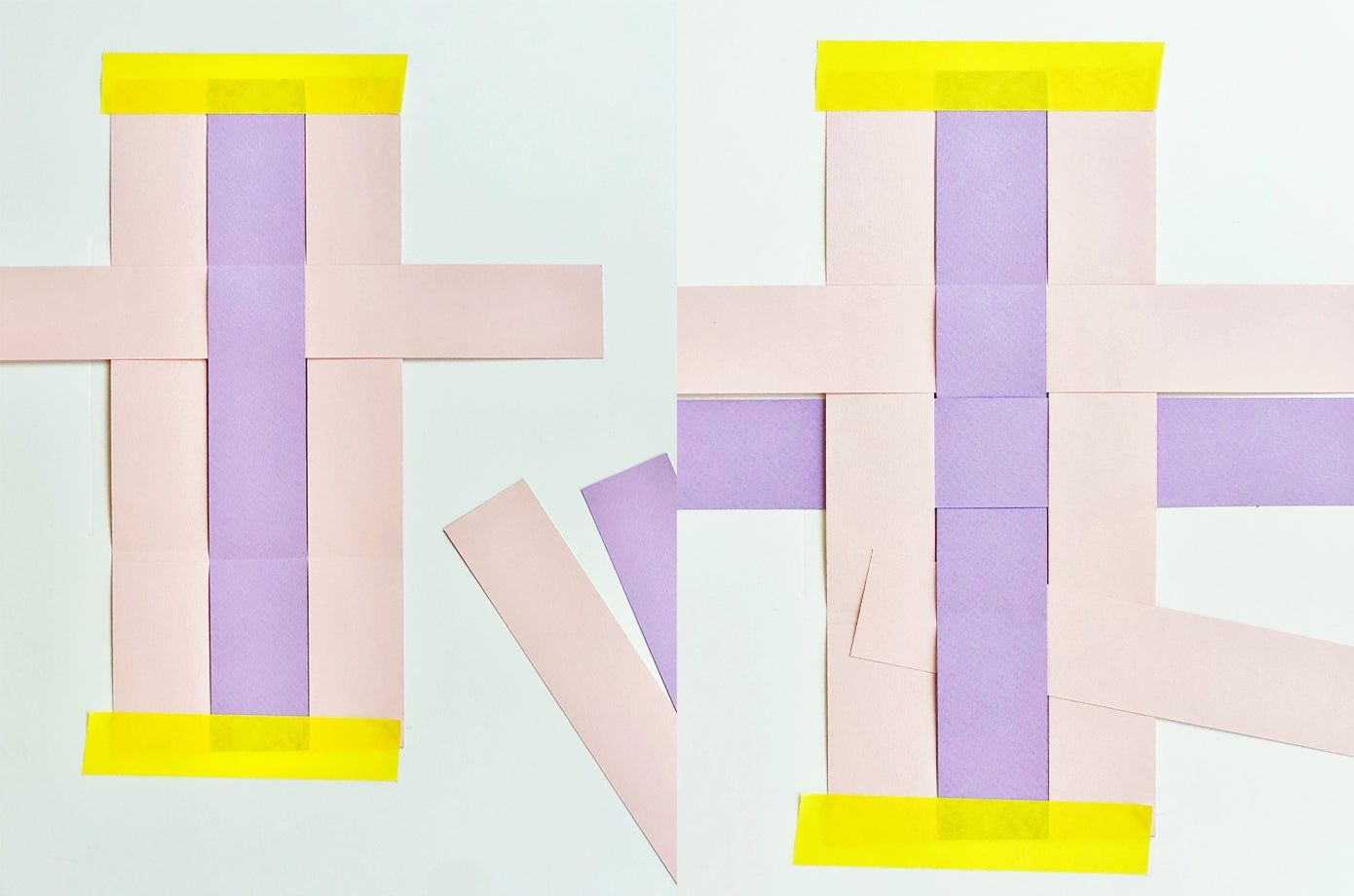 paper strips on a table ready to be woven into a Easter basket