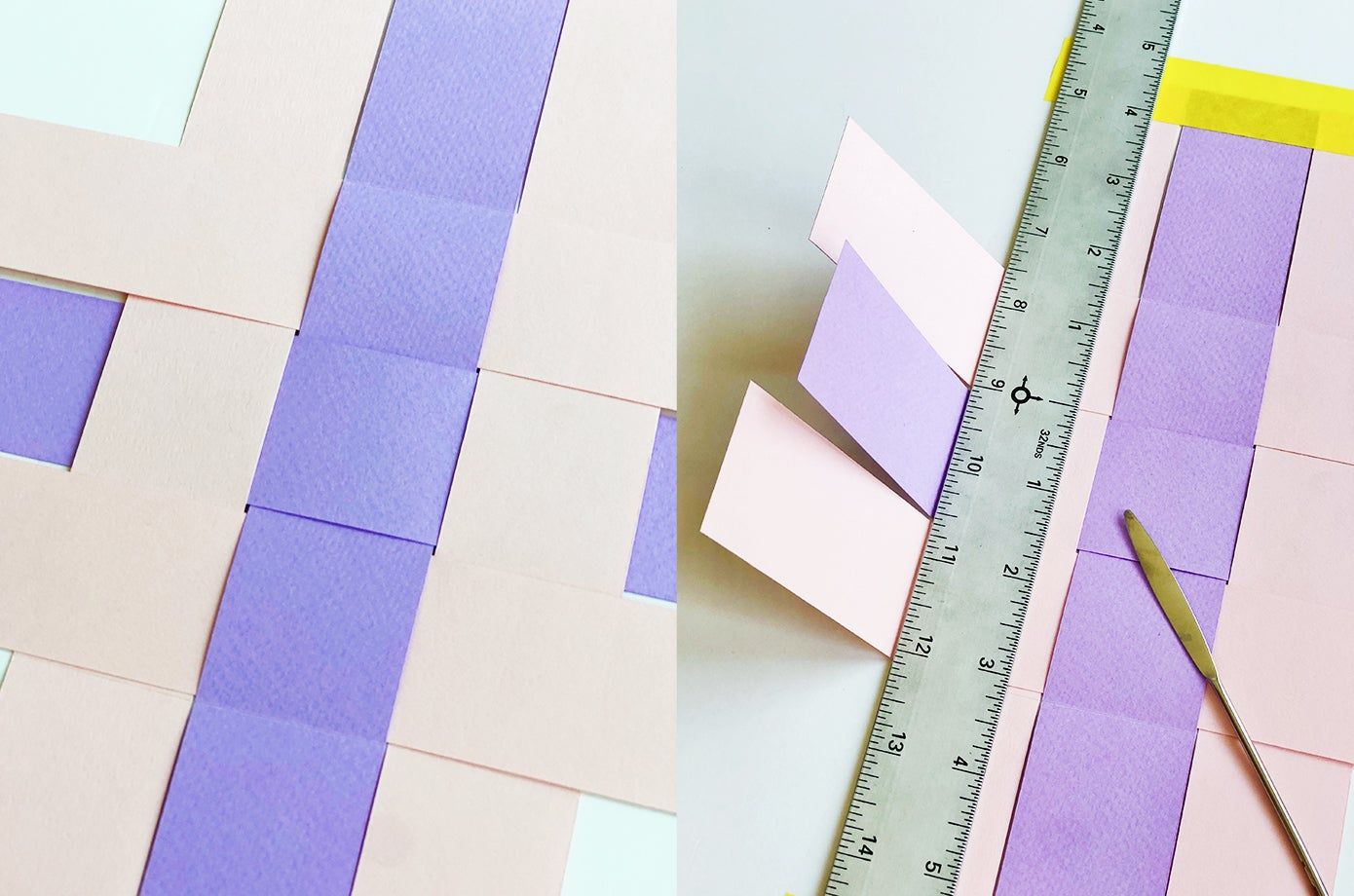 weaving paper strips on a table in Easter pastels
