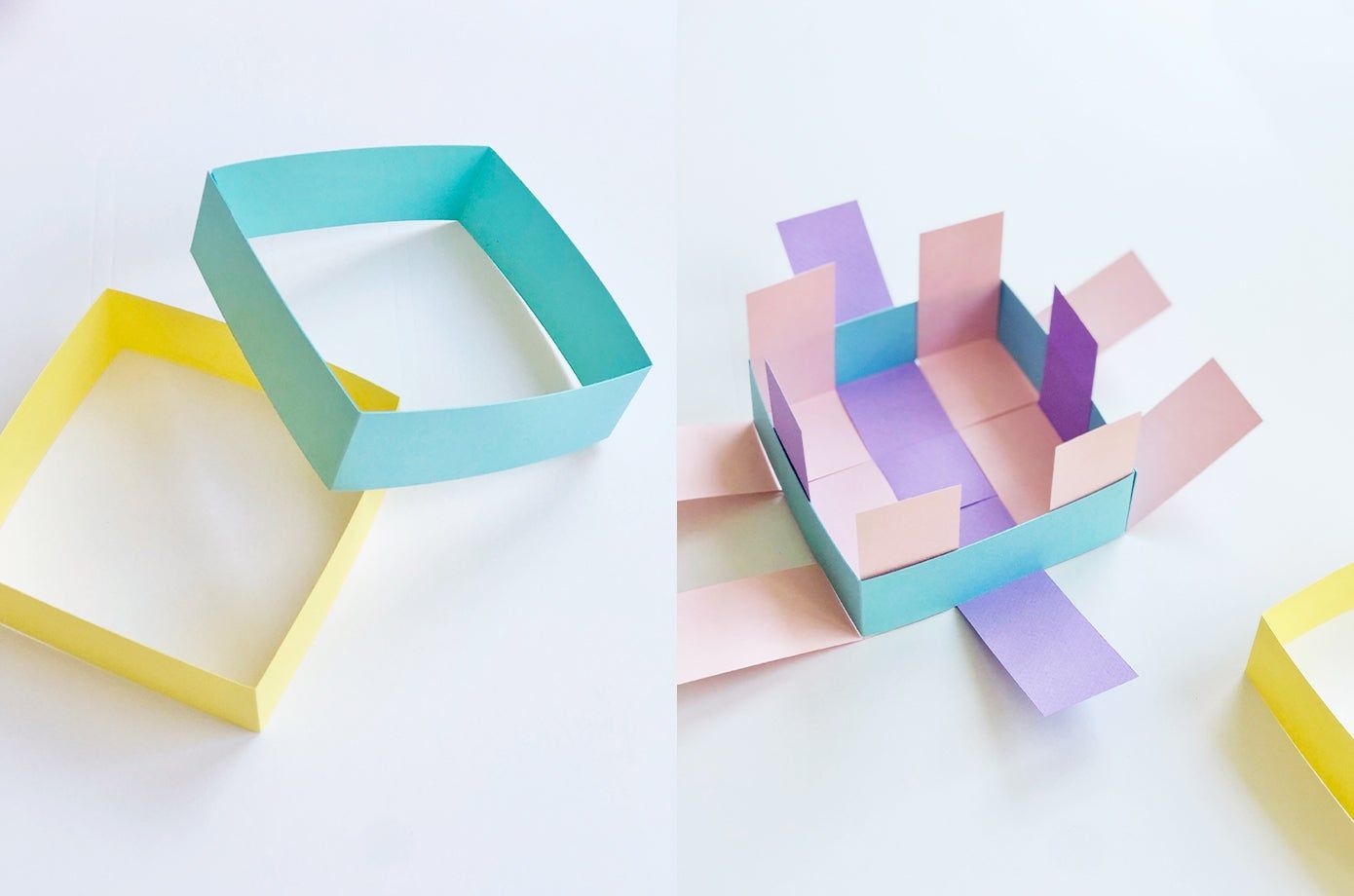 creating a basket by folding paper strips